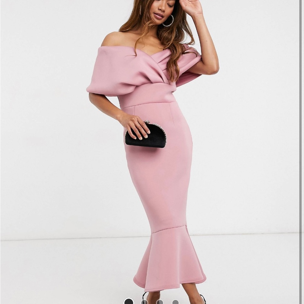 True Violet folded off shoulder peplum midi dress in dusty rose